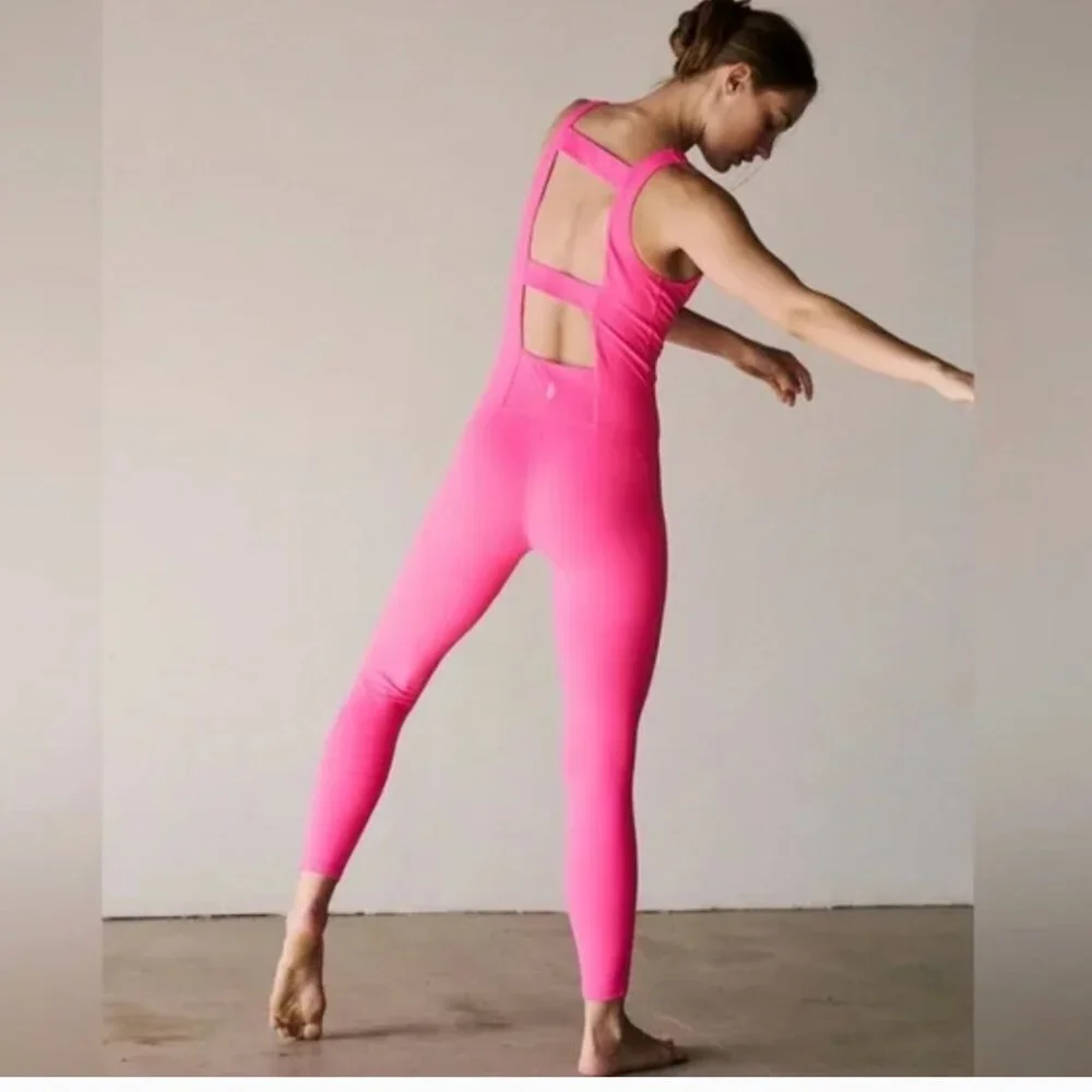 NWT Free People FP Movement Never Better Strappy Back Jumpsuit Large, HOT PINK - Picture 8 of 10